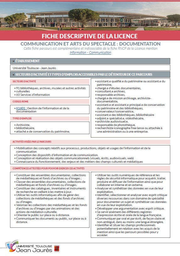 Vignette fiche descriptive Lic Communication et arts du spectacle documentation